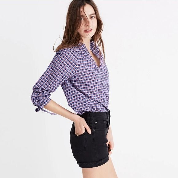 Madewell Blue Red Tie-Sleeve Linen Blend Top in Whitby Plaid Size Small - Picture 9 of 12